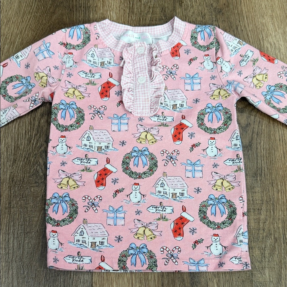 Cecil and Lou,Girls Pink Holiday Print Ruffle Pajama Set - Picture 5 of 10